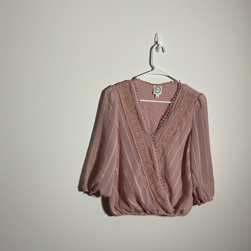 Blue Rain Elegant Pink Lace Trim Blouse